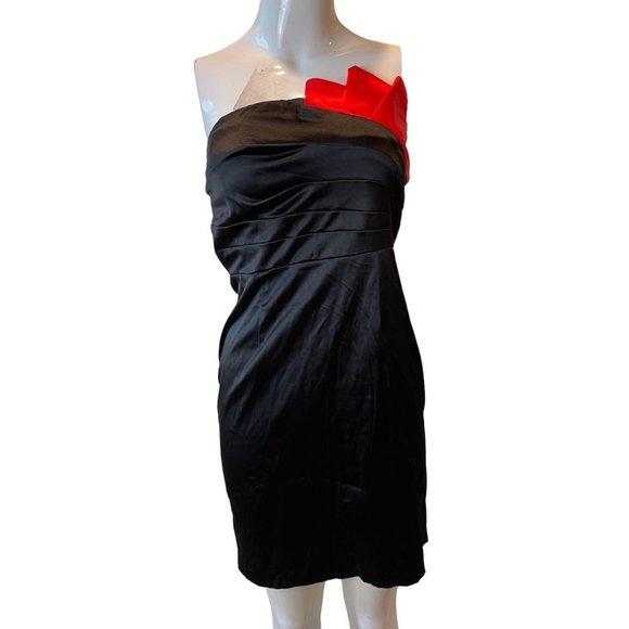 Fe Womens Contrast Ruffle Bustier Strapless Dress Pleated Black Red Size M - Picture 1 of 6